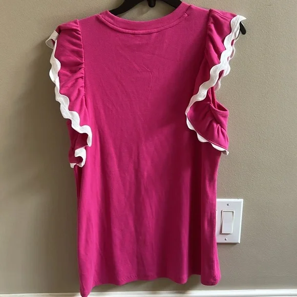 Crown & Ivy Pink Ruffle Sleeve White Trim Summer Top Size Medium - Picture 5 of 6